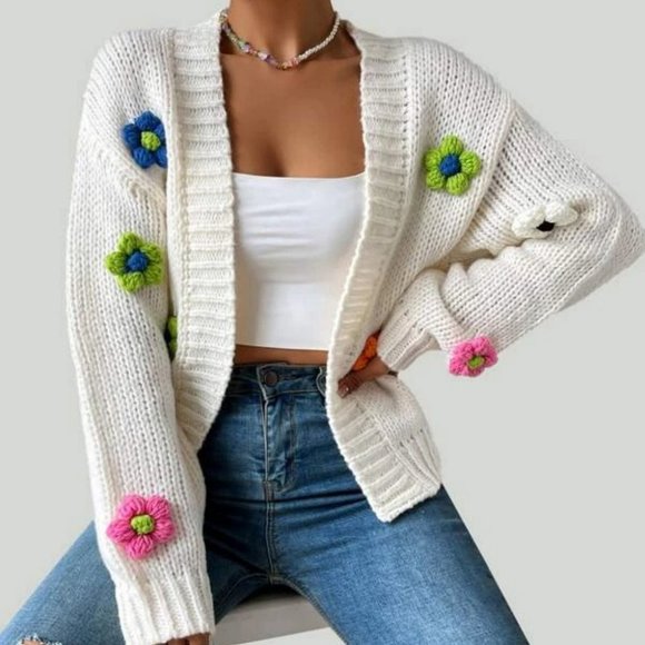 . Sweaters - Flower Detailed Open front Knit Sweater Cardigan